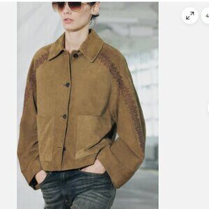 New ZARA ZW COLLECTION EMBROIDERED Suede LEATHER JACKET size S (may fit M)